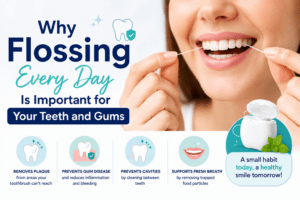 Patient using dental floss to maintain healthy teeth and gums at home